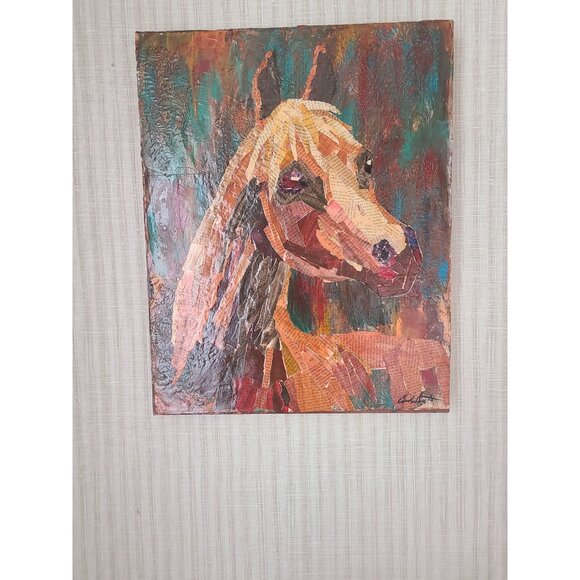 Arabian Horse Mixed Media Torn Paper Collage Art 16"x20" On Cradled‎ Wood Panel - Picture 7 of 8
